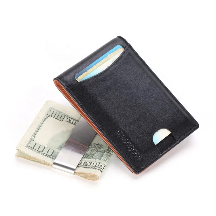 

2021 Custom Logo RFID Blocking Thumb Design Smooth Leather Wallet Money Clip