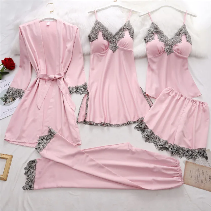 S-3XL  5PC  Robe Sleep Suit Womens Lace Satin Pajamas Gown Set V-Neck Cami Nighties Wear Pijama Home Nightwear Spring Nightdress