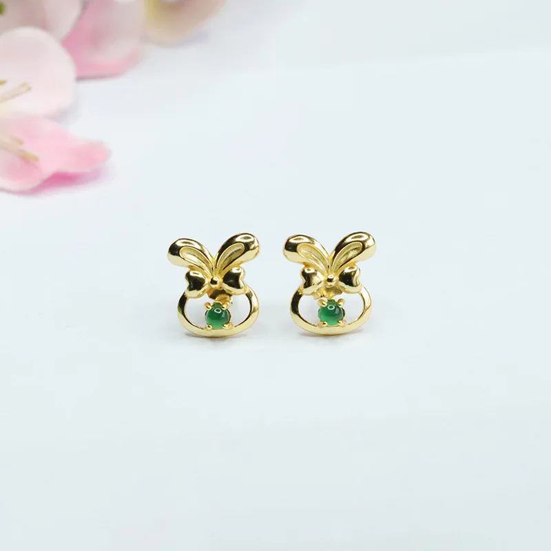 

S925 Silver Inlay Natural Emerald Stud Earrings Ice-Like Emperor Green Bow Earrings For Women Wholesale FC3032005