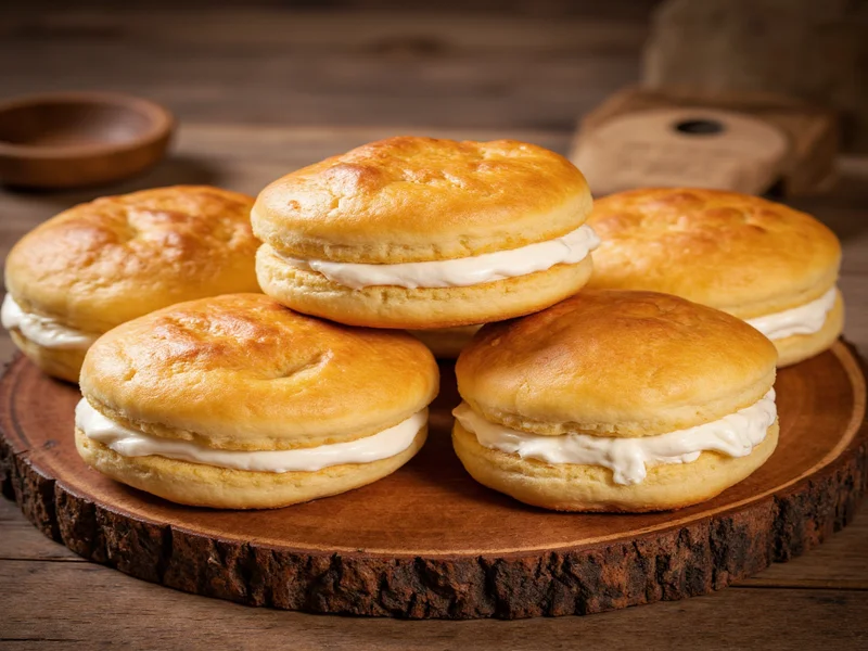 Golden homemade twinkies with cream filling on rustic board