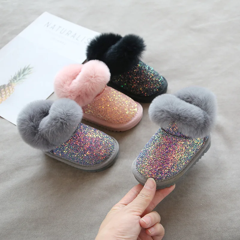 

Latest Fashion Design 1-3 Year Girl's Sow Boots Furry Winter Glittering Fabric Infant Toddler Soft Soled Princess Cotton Shoes