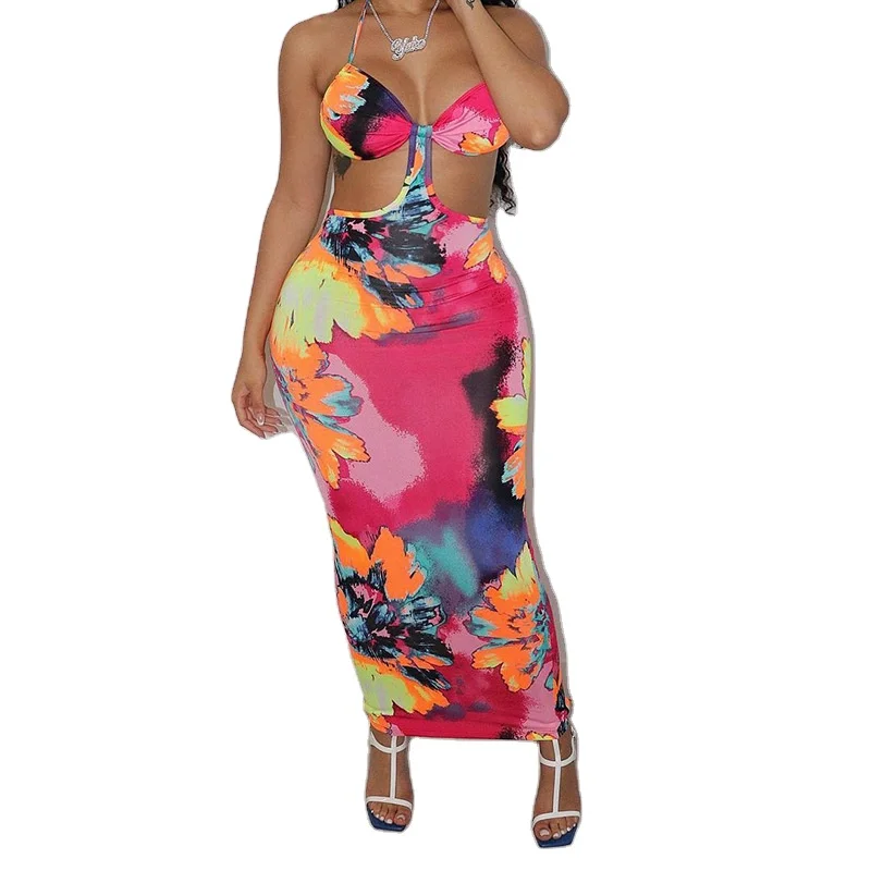 

Custom logo women summer maxi dress V neck sexy long sleeveless dresses fashion tie dyed cut out slim sling dresses, Purple;red;black