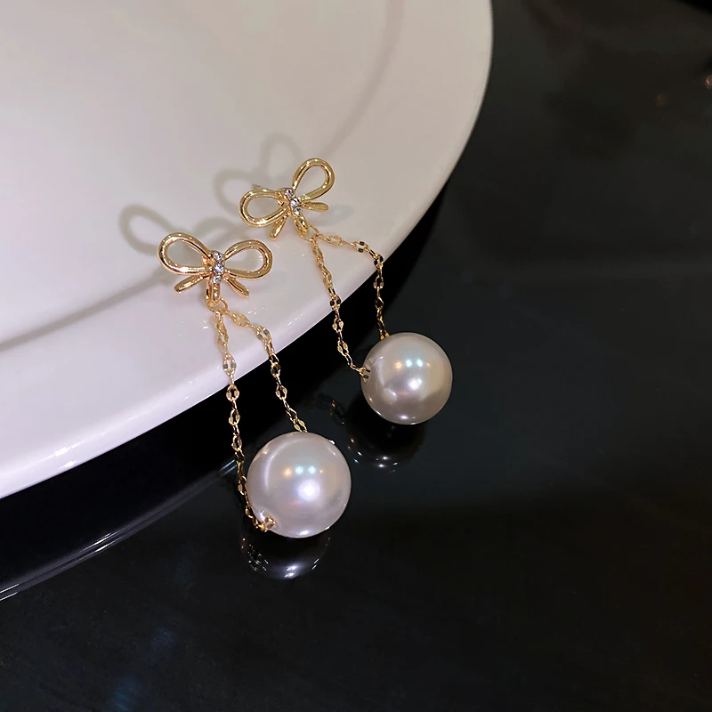 

trendy fashion bow round drop pearl earrings