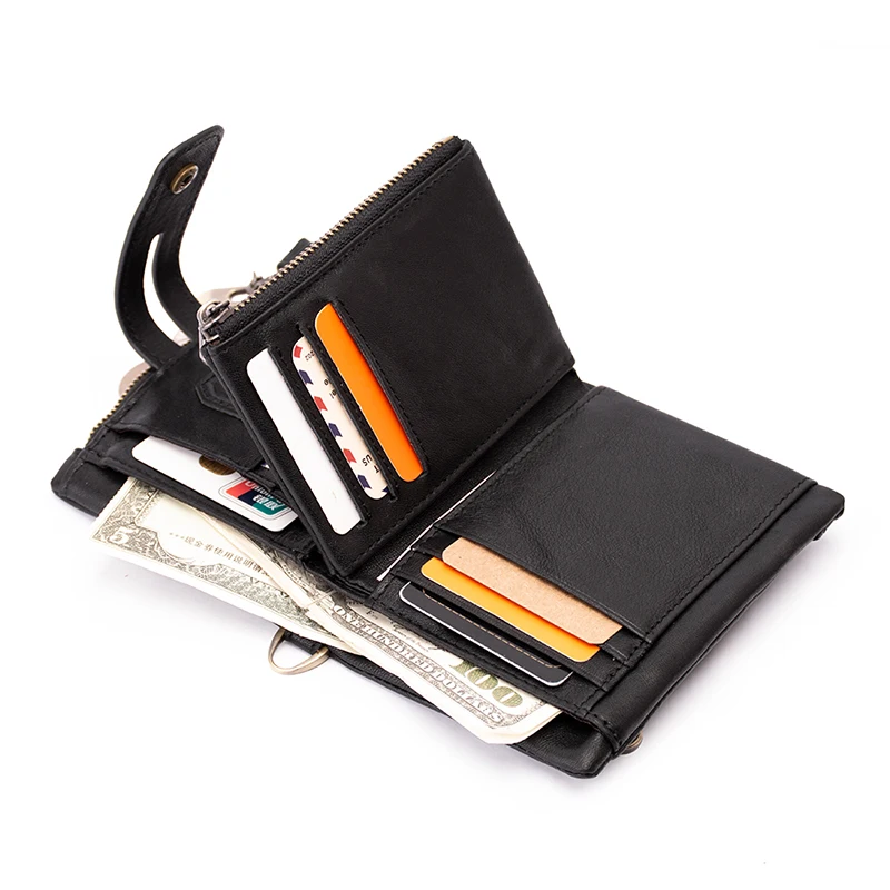 

Wholesale Best Sell Wallet Factory Genuine Leather RFID Blocking Function Men Biker Wallet with Chain, Black