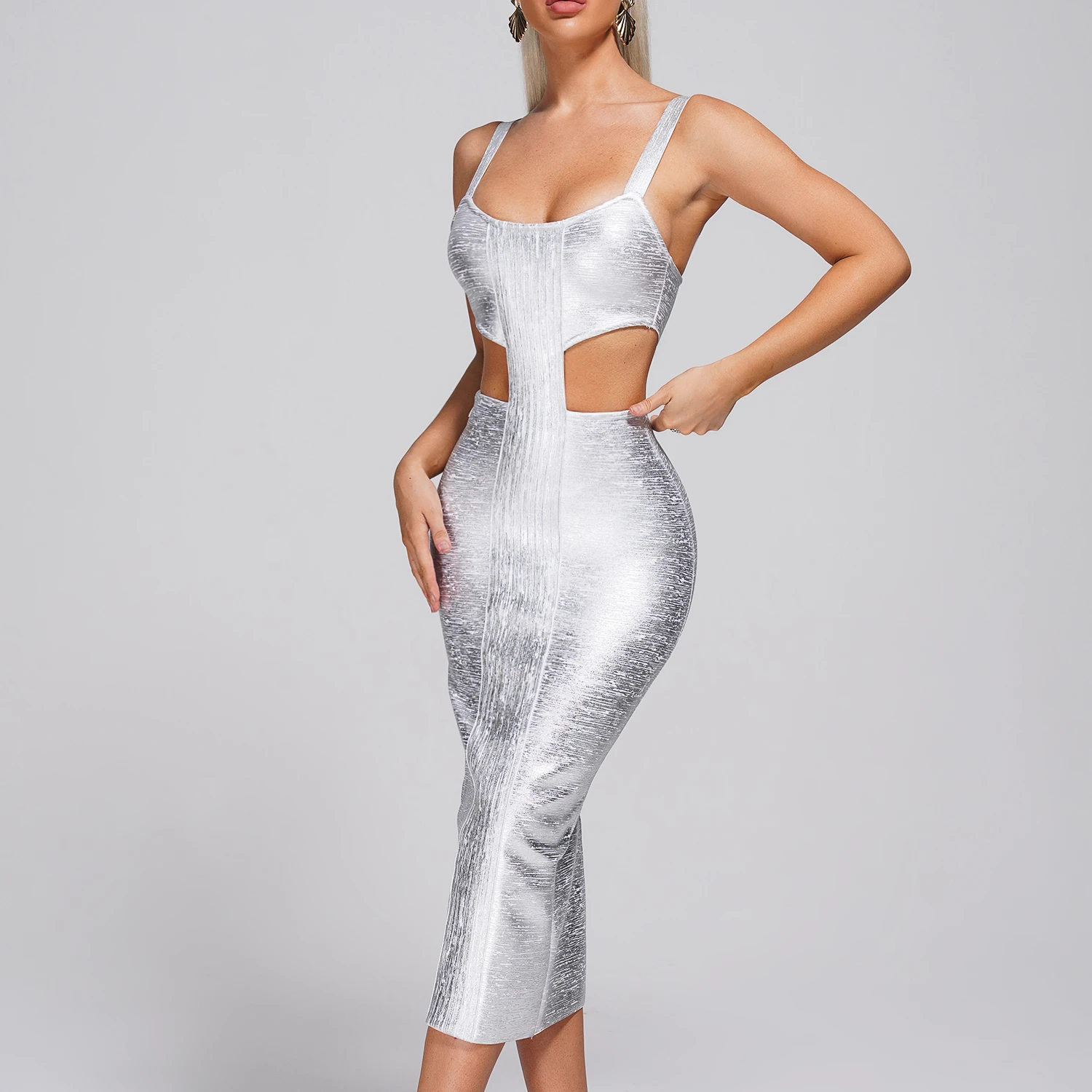 BEISHI Fashion Rayon Midi Metallic Silver Silt Bandage Dress Bodycon Hollow Out Dress For Women