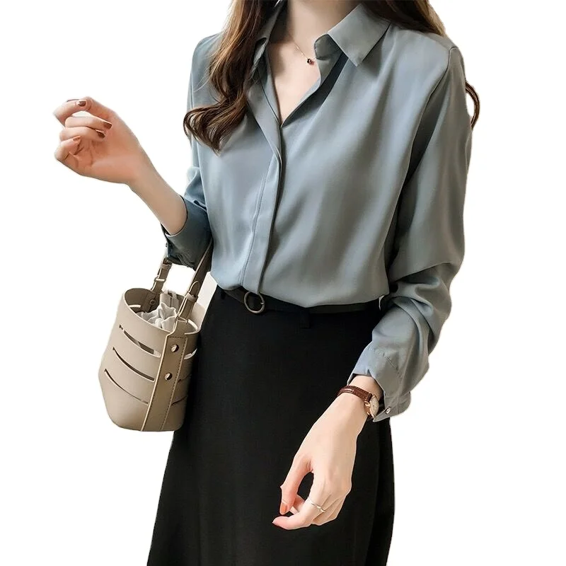 

Summer New Korean Temperament Solid Color Chiffon Shirt Female Long-Sleeved Shirt OL Fashion Shirt Female XQM