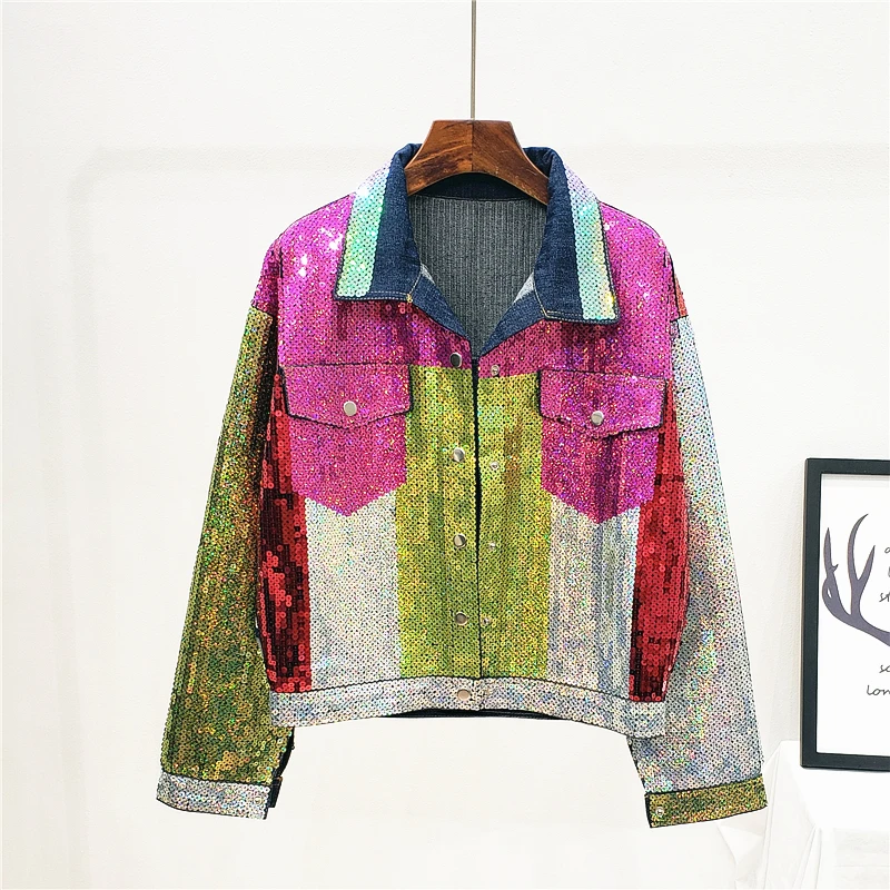 

YIZHIQIU Colorful Ladies Sequin Denim Jackets Autumn For Woman Ladys