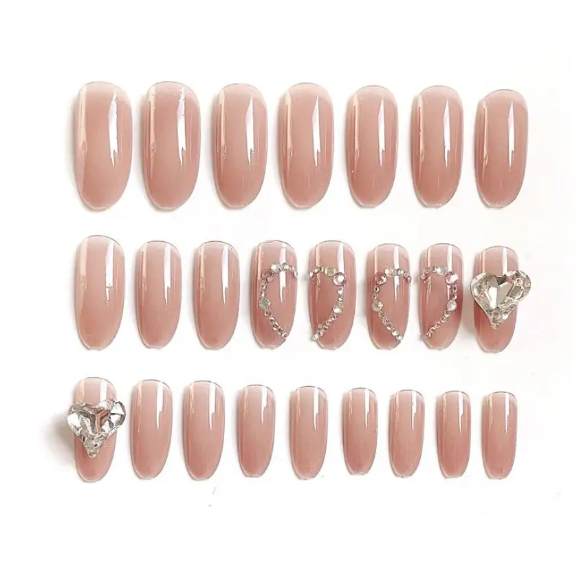 

3D Luxury Nails Pink diamond Long round Press On Fingernails love Crystal Custom False Nails with Adhesive glue