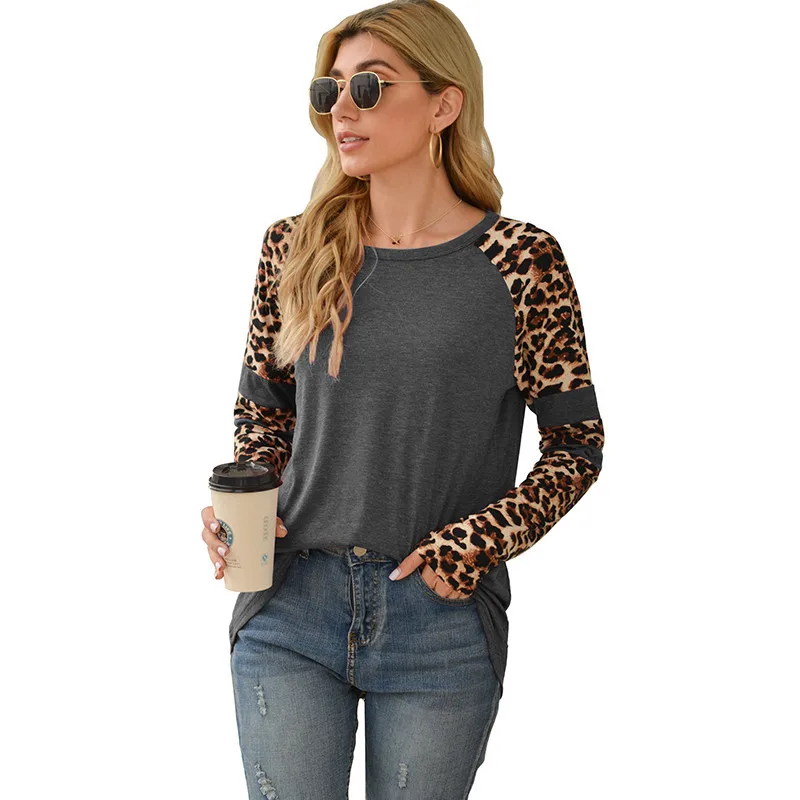 

Amazon hot sale leopard patchwork round collar new style spring women daily t-shirt, As picture show