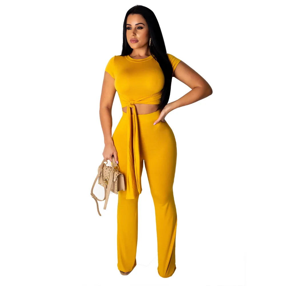 
YHYM8361 fashion short sleeve crop top and wide leg pants women matching two piece set 