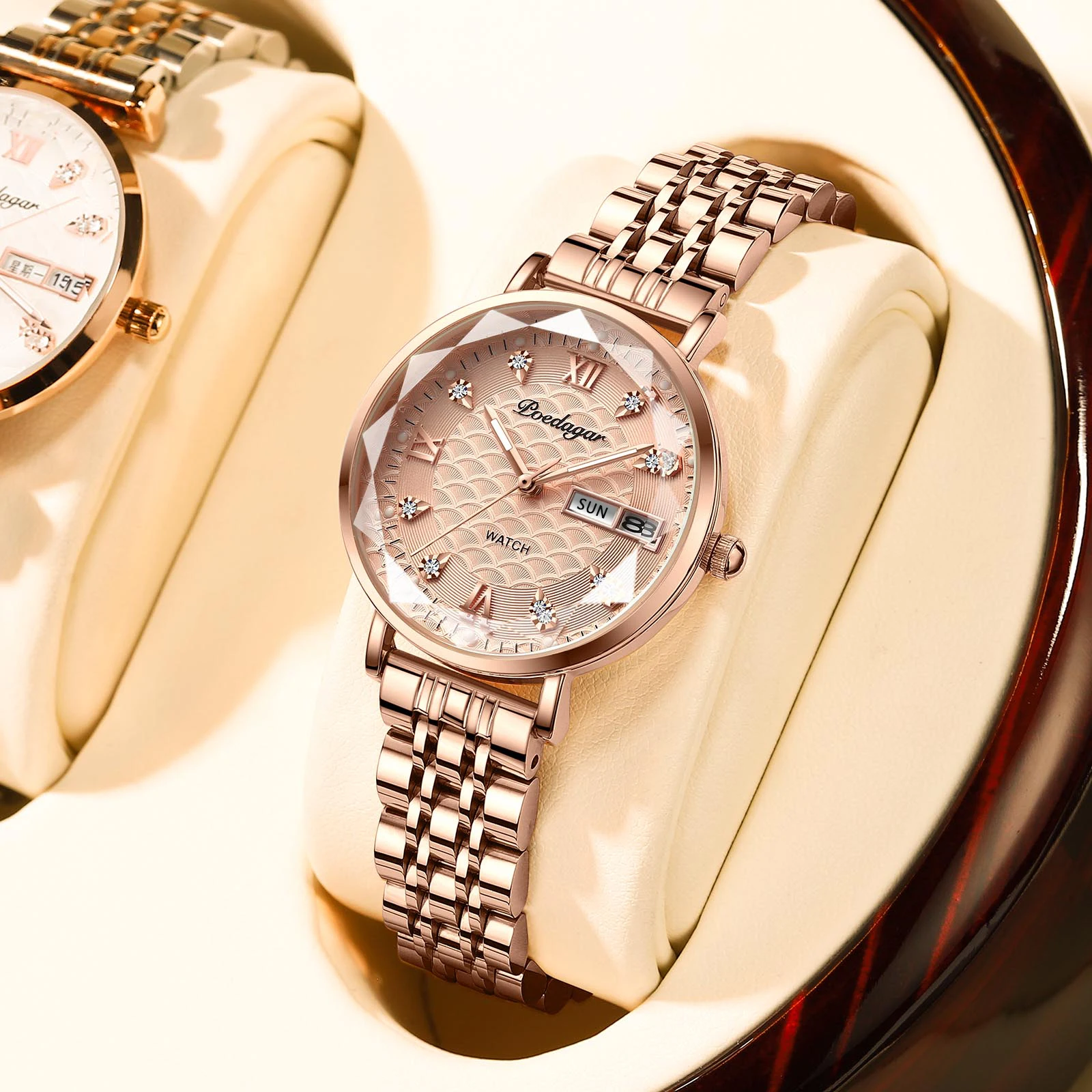 POEDAGAR Watch Women 3011 Fashion Rose Gold Quartz Ladies Watches Luminous Week Diamond Bracelet Girl Wristwatch Reloj Mujer