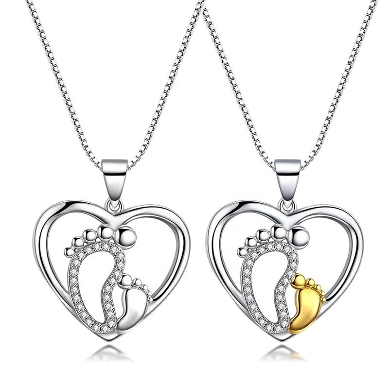 

2022 New footprint necklace 925 silver Crystal CZ Heart Mother & Child Pendants Necklaces Mom Baby Family Monther's Day Jewelry