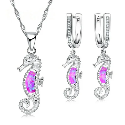 

2022 Dainty Fashion Pink Opal Hippocampus Necklace Jewelry Set Delicate Opal Animal Clip On Earrings Set for Women