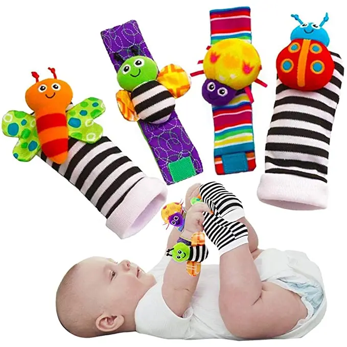 
4 pcs/set Animal Soft Baby Socks Toys Wrist Rattles Foot Finders for Fun Butterflies Lady bugs Set 