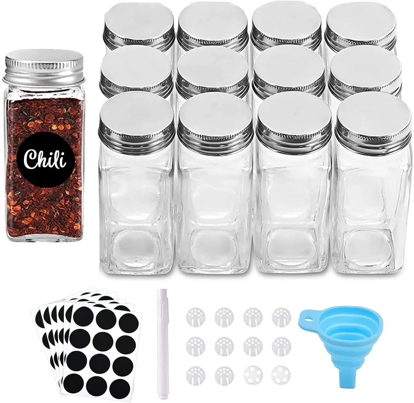 

Small Quantity 12Pcs 4Oz Clear Square Glass Spice Jar Set Envase Especias With Metal Lids And Funnel And Labels And Epe Package, Customized color