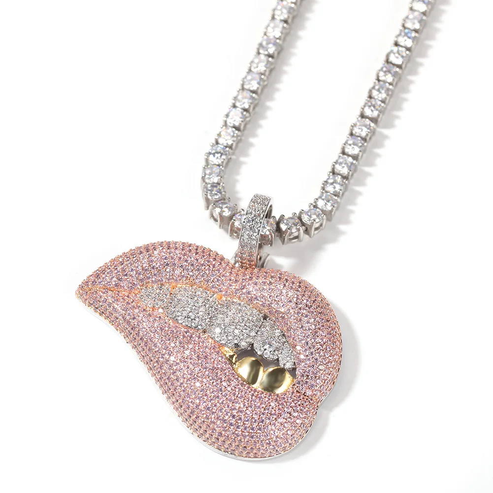 

Pink lips gold silver teeth bling street hip hop iced out free chain pendant lips cz pendant, Silver/ gold/ rose gold