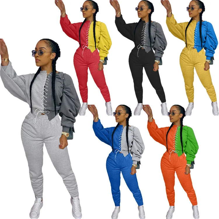 

MIYU 2021 Fashionable 2 Piece Set Patchwork Bandage Cotton Jogger Set Women Clothing Outfit Tracksuit Sweatsuit For Women