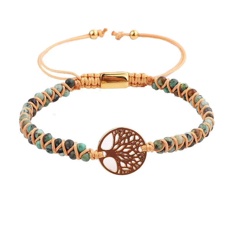

New Fashion Natural Stone Bracelet Braided Zinc Alloy Life Tree Charm Vintage Gemstone Yoga Friendship Bracelet Women
