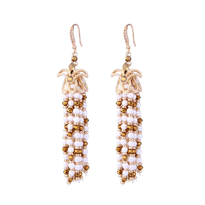 

ed00724b Long Pearl Beaded Jewelry Rhinestone Flower Elegant Women Party Fashion Bohemian Handmade Bead Earrings Tassel