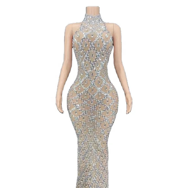 

2023 New Fashion Long Dress Women Partying Diamond Crystal Halter Slit Dress Show Vestidos de Fiesta Largos Elegantes