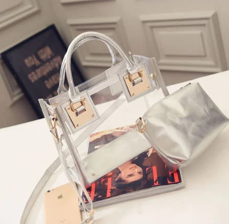 

Summer 2pcs Women Fashion Shoulder Bag Clear Jelly Clutch Purse Transparent Handbag, As show or customized
