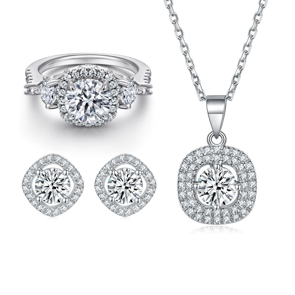 

Jewelry Set Diamond Halo Three Stone Sterling Silver Set