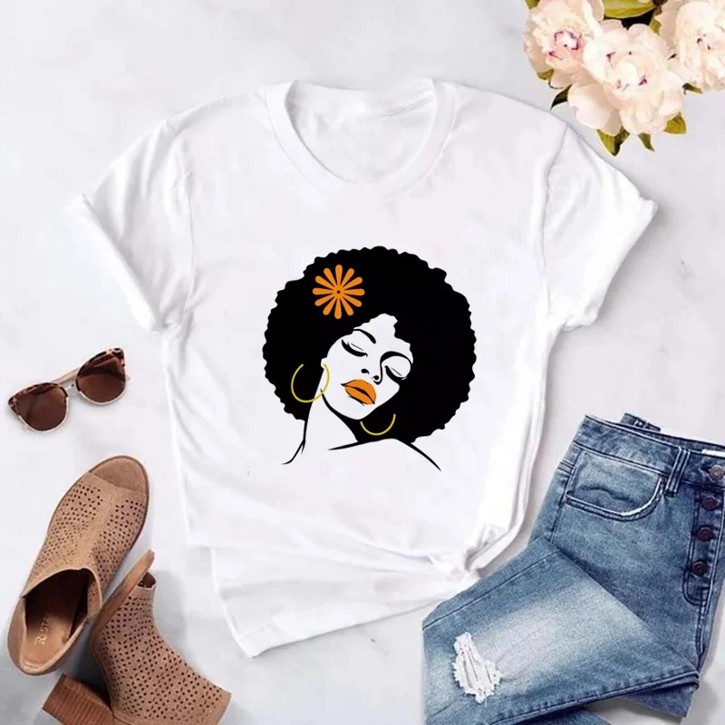 

High Quality Black Girl Short Sleeve T shirt White 100% Cotton Printing Round Neck Summer Ladies Tees, White black gray dark blue red