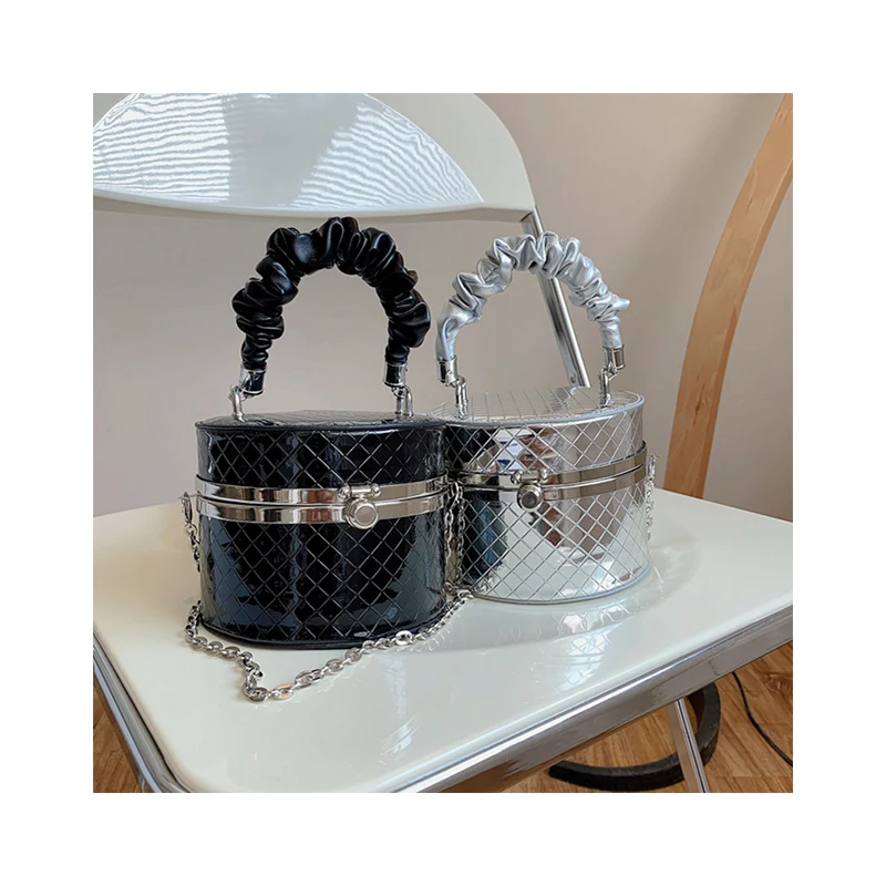 

Korean Fashion Embroidery Handbags Women Pleated Diamond Lattice Cylinder Bags Luxury Chain Summer Round Shoulder Bags For Girls