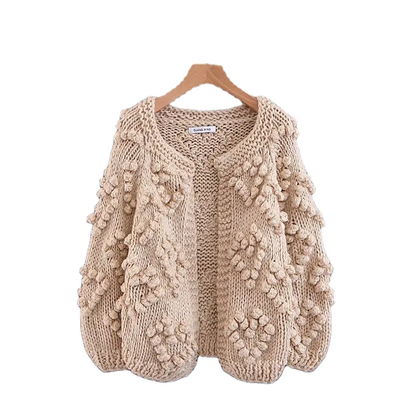 

Lady Heart Pom Sweater Threaded Heart Long Sleeve Casual Cardigan Sweater, Khaki