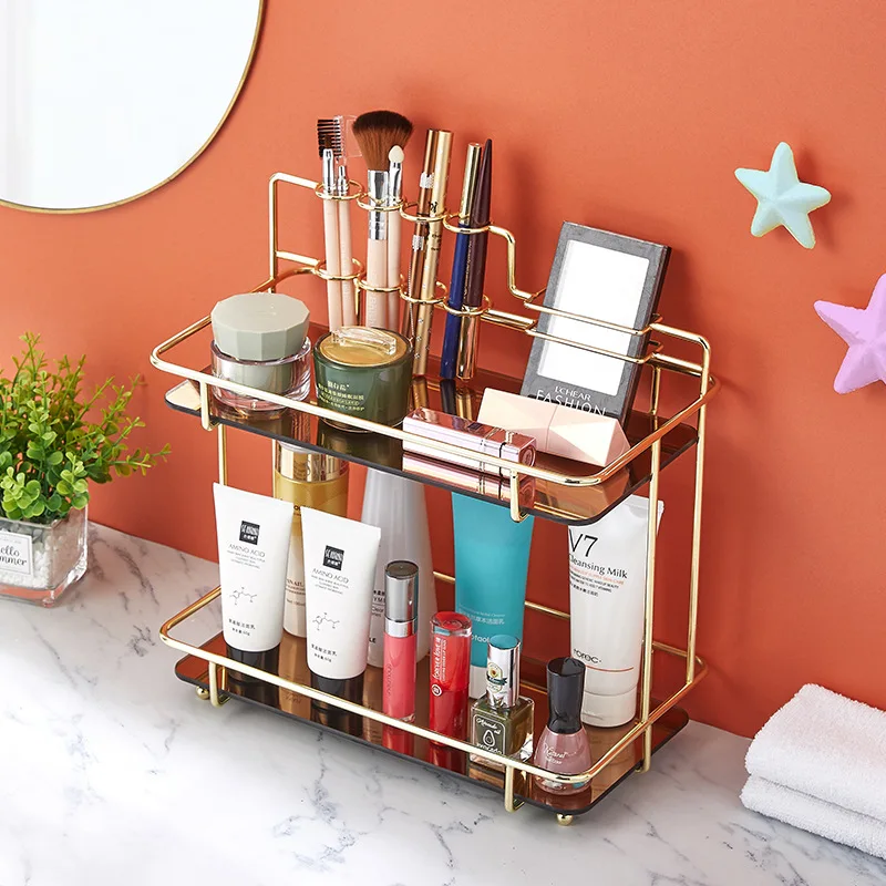 

JX- Bathroom Countertop Storage rack Electroplating Luxury Rose Gold Cosmetic Organizer Bedroom Two-layer Makeup storage rack