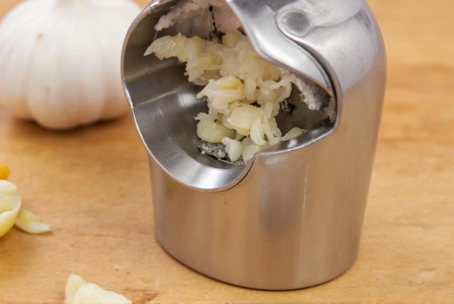 Close-up view of stainless steel garlic clove mincer with garlic pieces being processed through internal blade mechanism