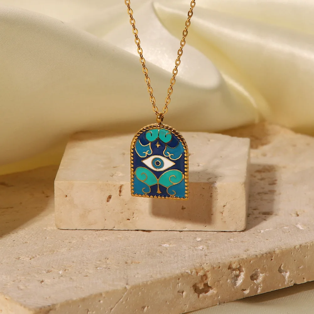 

Stainless Steel 18K Gold Arch Gate Blue Big Evil Eyes Pendant Necklace Women