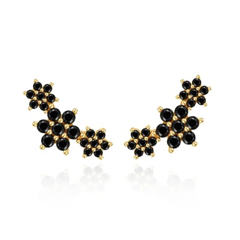 

2021 New Trendy 925 Sterling Silver Jewelry Black Cubic Zircon Climb Flower Earrings For Women, Gold and silver