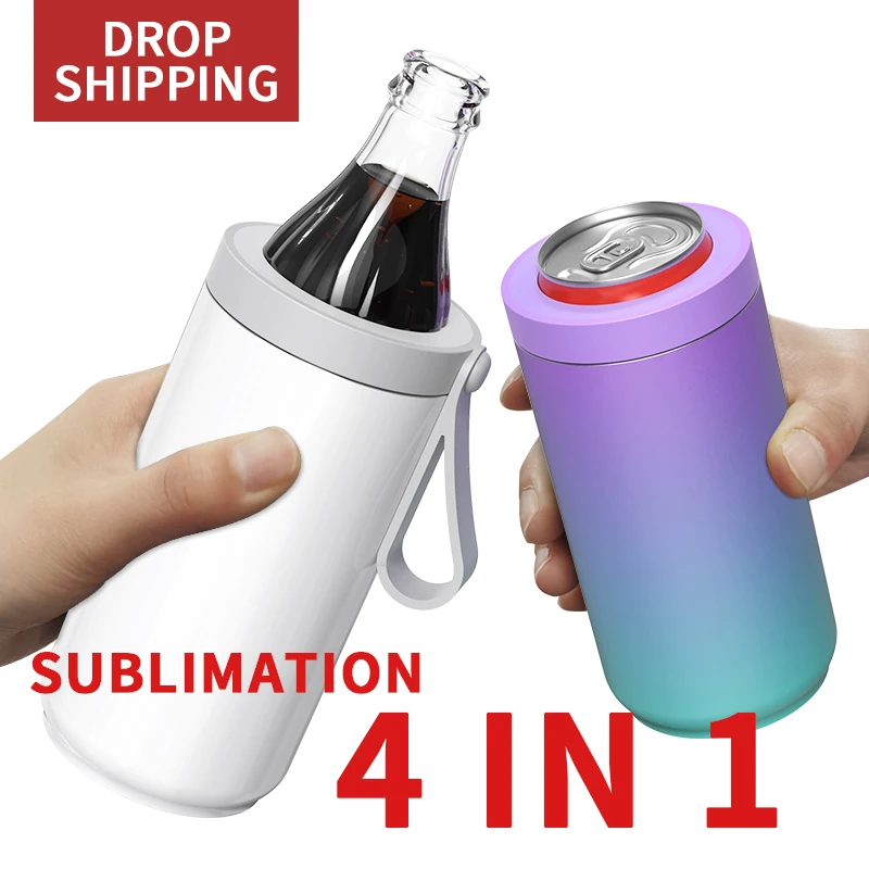 

4 in 1 Double Walled Vacuum Slim Stainless Steal Metal 12oz Insulation Sublimation Can Coolers With Silicone Handle, Customized