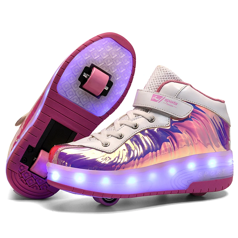

Kids Roller Skating Shoes Retractable Kick Roller Shoes One or Two Wheels LED Light USB Charging Sneakers rollerl Skate Shoes, 3 colors