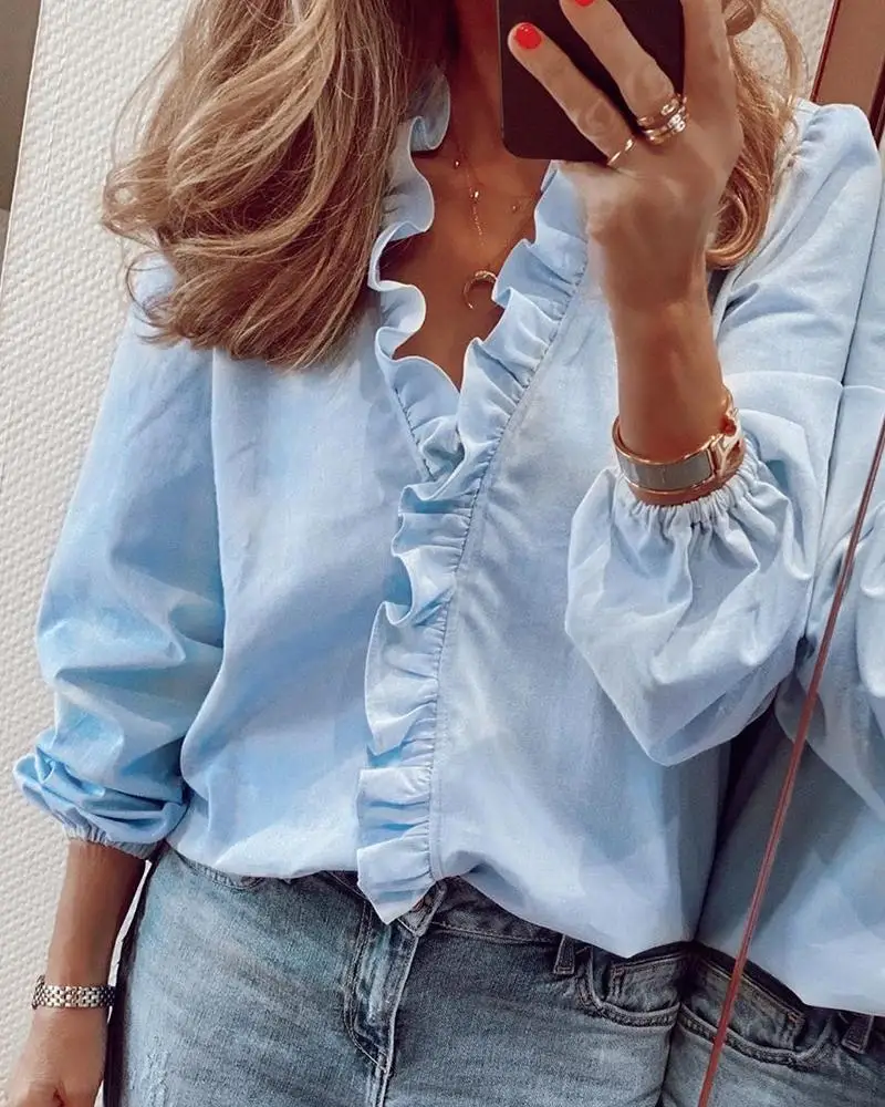 

Temperament Pure Summer Ruffled Long-sleeved Slim Printed Blouse, Picture color