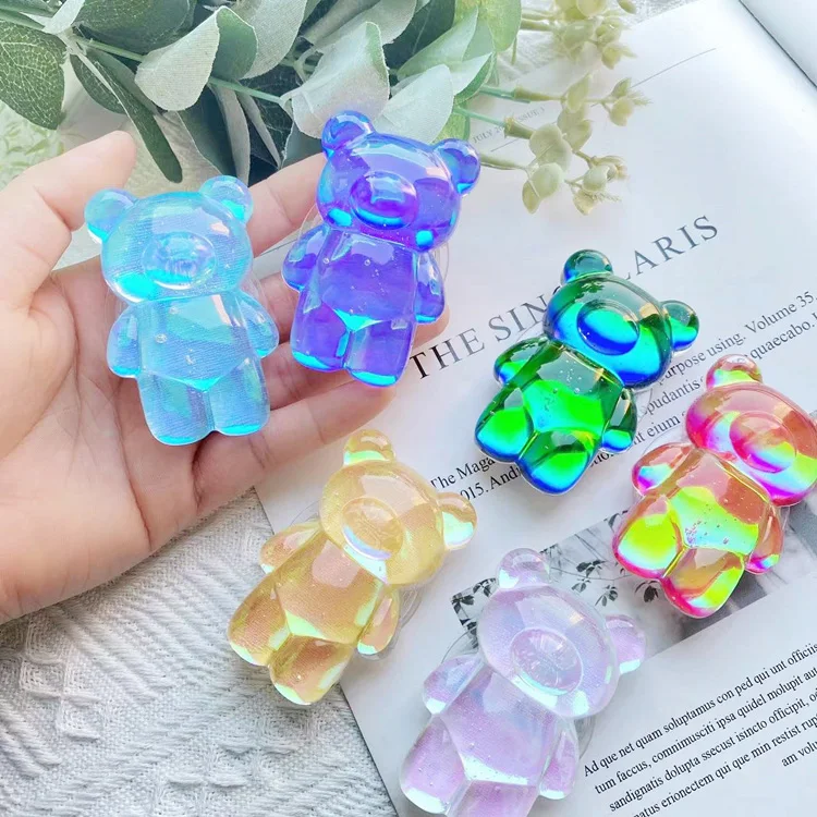 

Popular Epoxy Resin 3D Animal Crystal Cute Bear Mobile Phone Holder Transparent Phone Grip Phone Socket stand