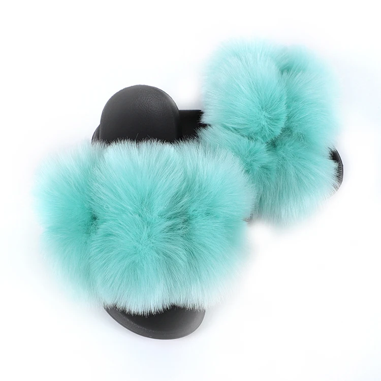 

Wholesale Slippers with Real Fox Fur Soft New Designer Mixed Colorful Slippers for Women Girl Ladies, Green purple blue brown pink