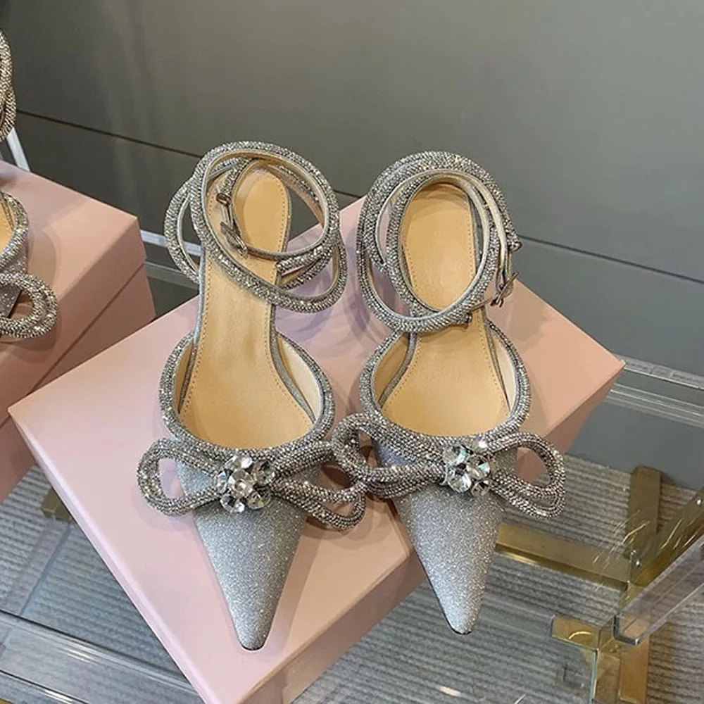 

Fashion Style Glitter Rhinestones Women Pumps Crystal Bow 8.5 Cm Summer Lady Shoes Genuine Leather High Heels Party Prom Shoes, As picture