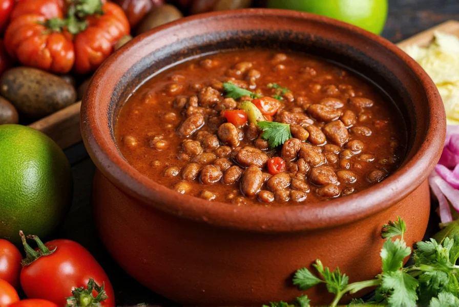 Traditional Mexican chili verde simmering in clay pot with fresh ingredients arranged around it
