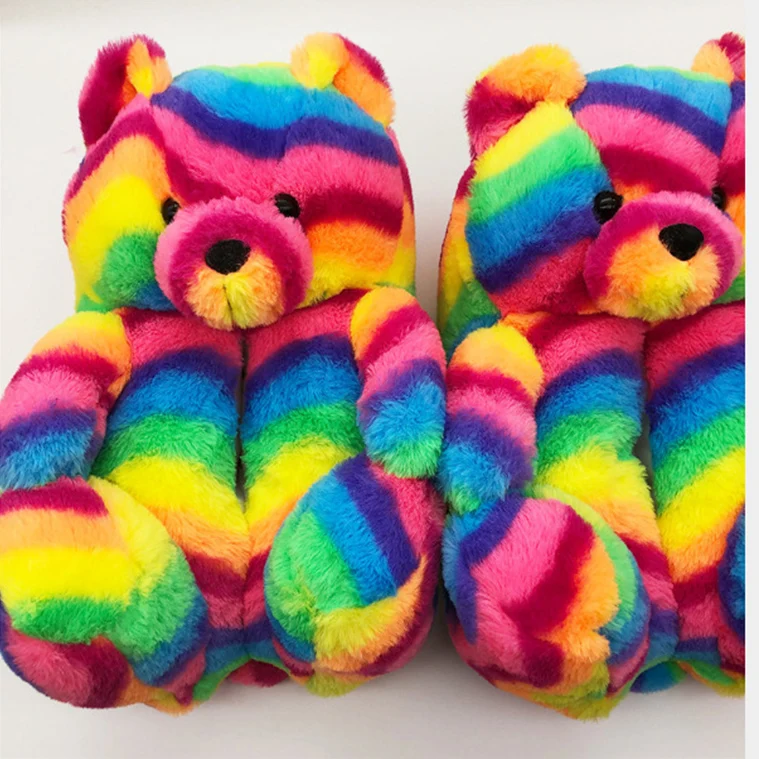 

Wholesale women's rainbow color warm indoor home fashion slippers(old) cartoon fur teddy bear slippers matching onesie, Picture showed