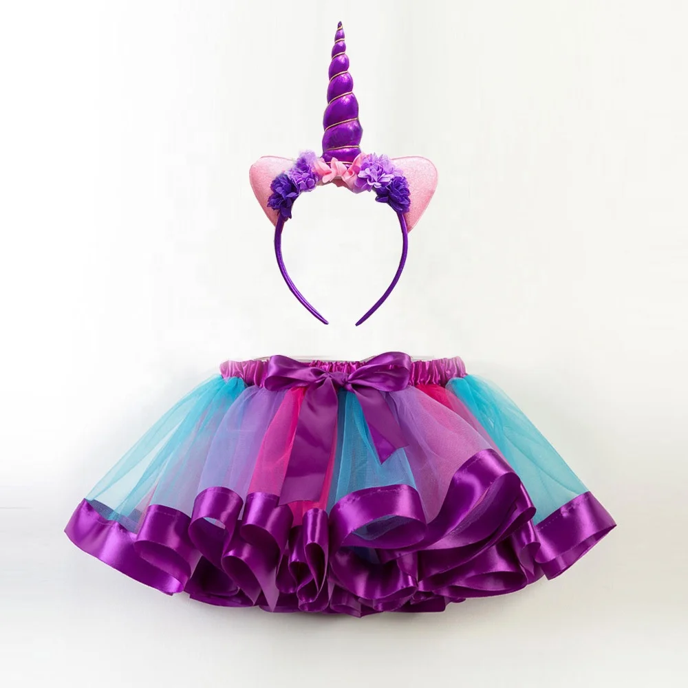 

Popular New Arrival Colourful Princess Dance Gauze Tutu Skirts With Ribbon Bow Unicorn Hair Band 2pcs/set, Colors