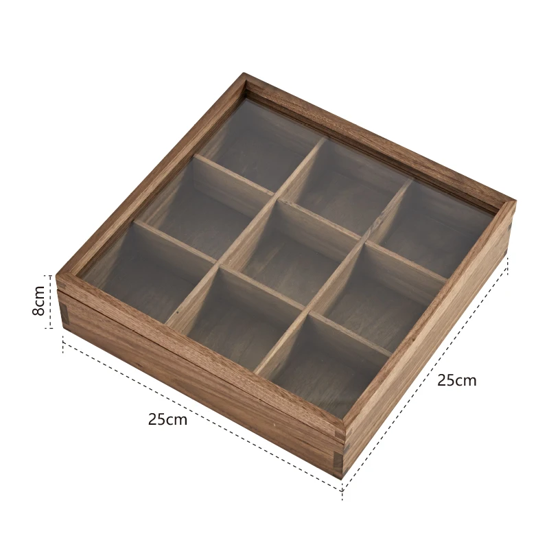 

Woodspace Desktop transparent dustproof glass display box solid wood compartment storage box with cover jewelry box, Black/light yellowish brown