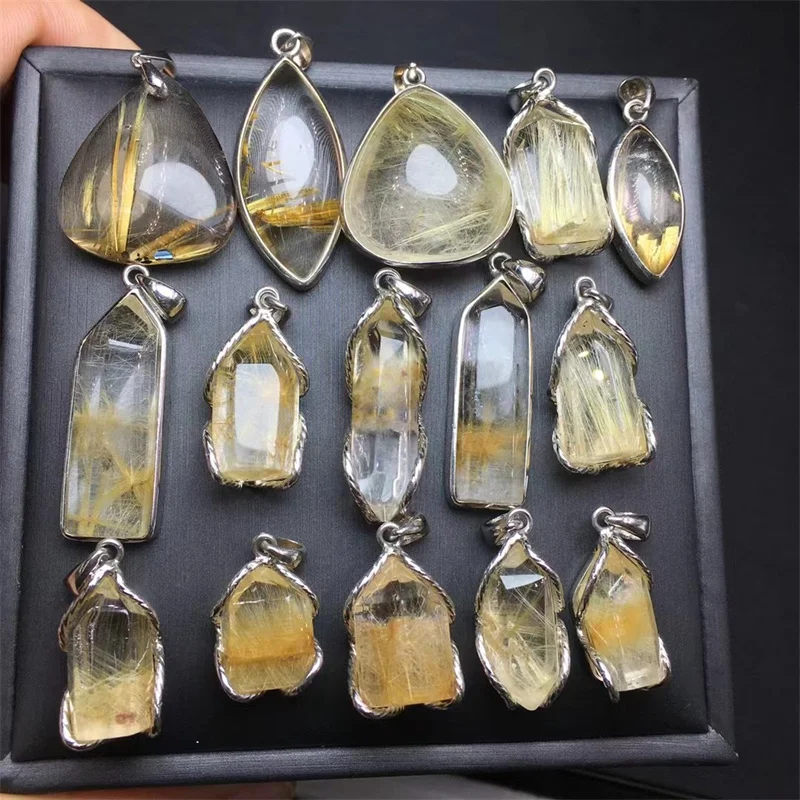 Fashion Sterling Silver Crystal Jewelry Gemstone Natural Rutiled Quartz Freeform Pendant for Gifts