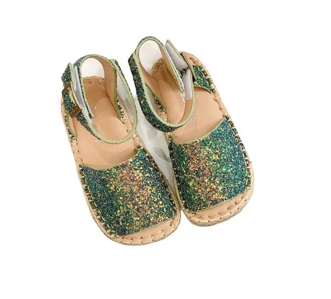 

New design anti-slip summer beach little girls glitter sandals fashion shiny leather sandals for kids girls, Green/silver