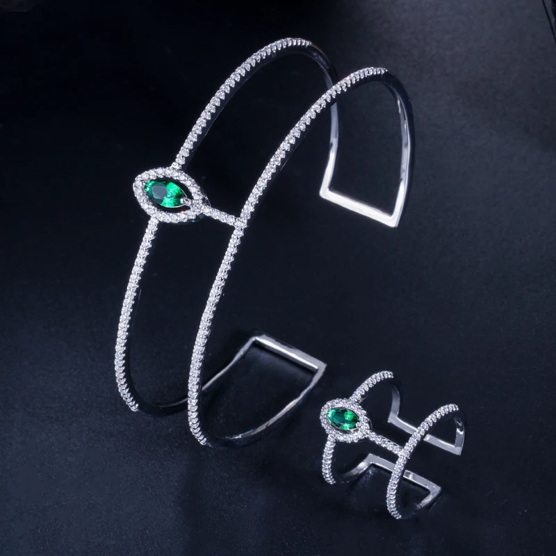 Generous Green Cubic Zirconia Silver Color Big Wide Cuff Open Bangles and Ring Set for Women Banquet Dress Jewelry Accessories