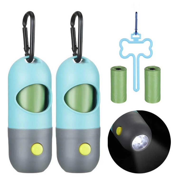 

LED Flashlight Dog Poop Waste Bag Holder Dispenser with 2 Rolls Leak-Proof Dog Poop Waste Bags Distributor Holder Leash Hook