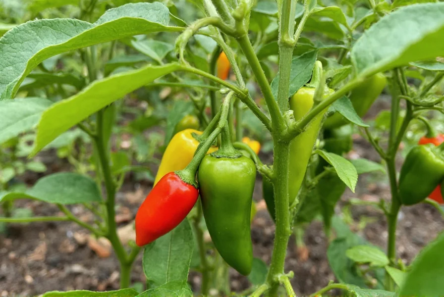Bell pepper plants growing in a garden with various colored peppers visible on the vines