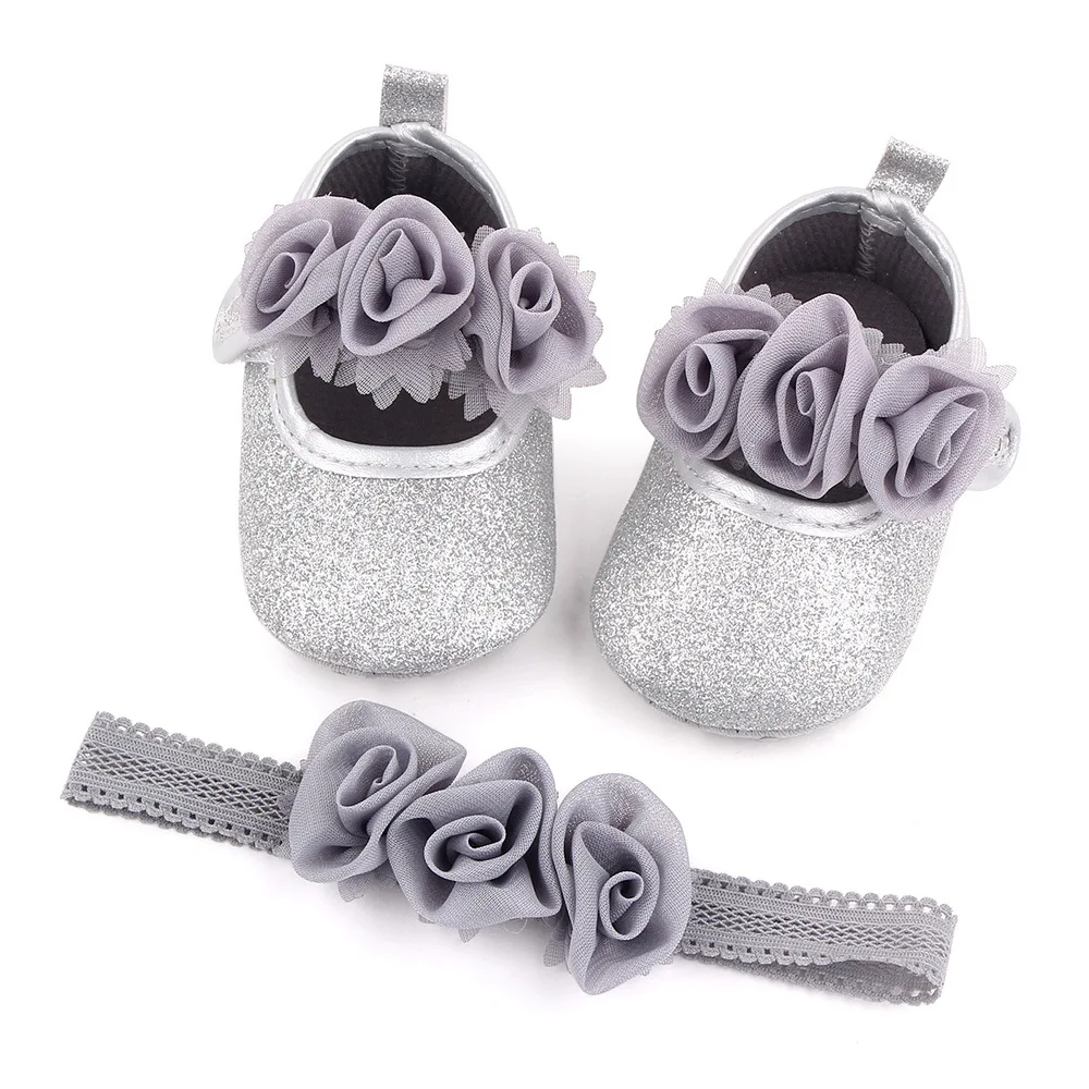 

Spring Autumn Breathable Non-slip Baby Girl Ballet Shoes Headband Set Sparkle Flower Flats Shoes For Toddler Baby Girls 6 -12 M