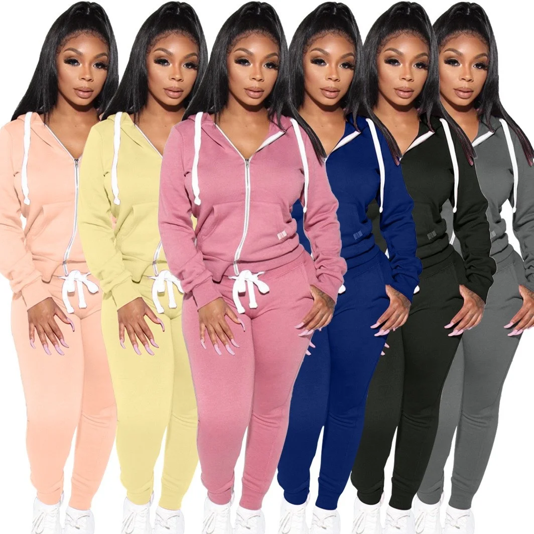 

Fall Winter 2021 Women Clothes Casual Solid Color Long Sleeve Hoodies Tracksuit Full Zip Up Women Sport Two Piece Pant Set, Pink,yellow,gray,black,light red,blue